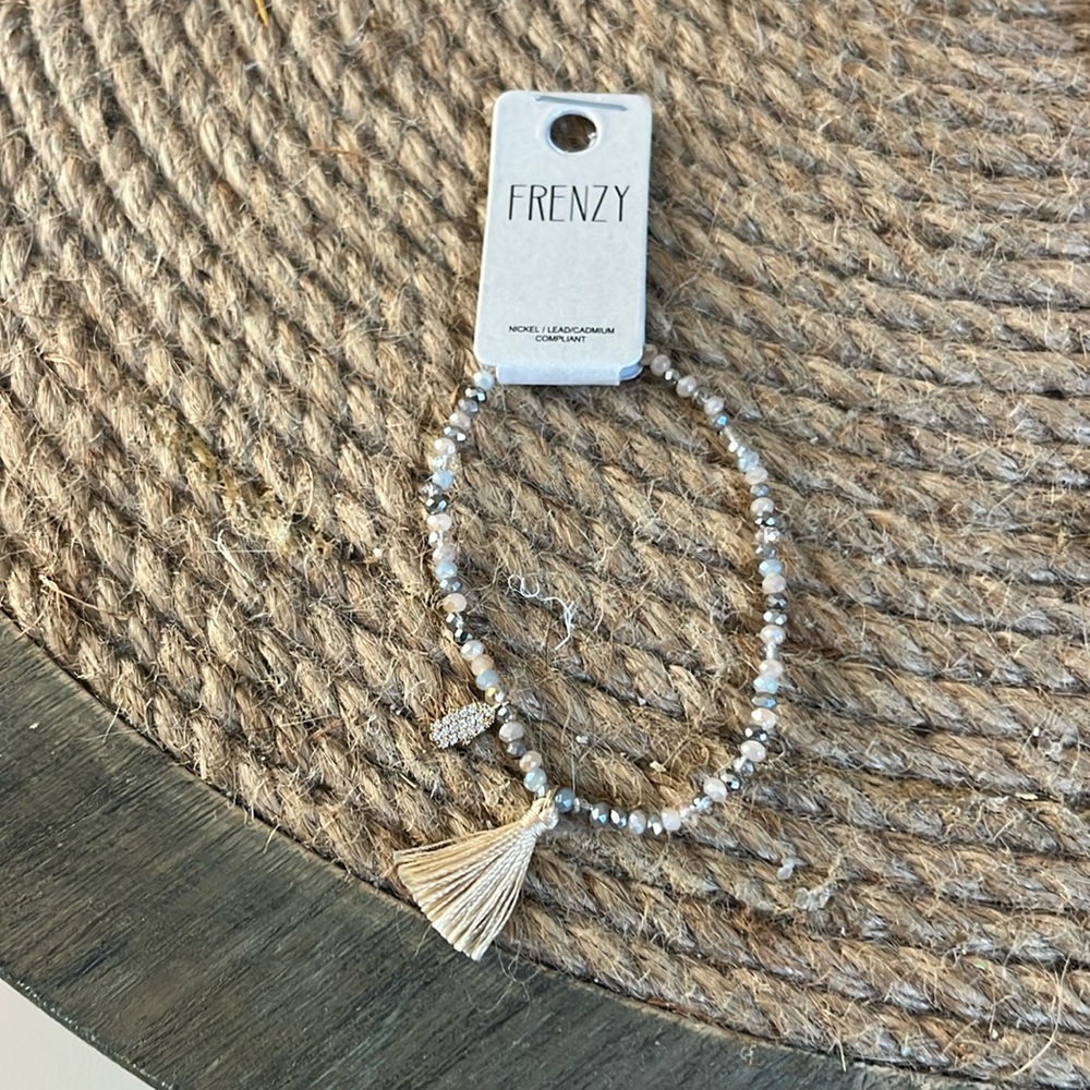 Frenzy Silver Beaded Stretch Boho Style Bracelet with Tassel,NWT